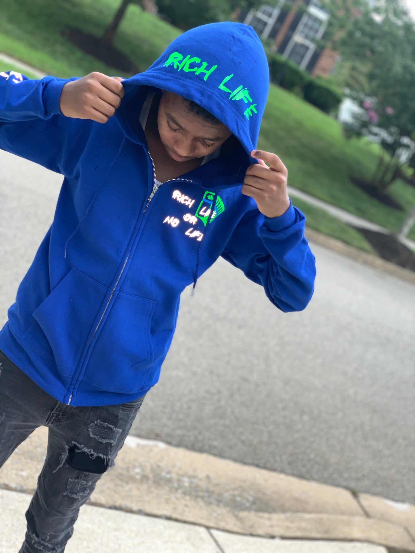 Blue "Rich Life" Zip-Up Hoodie