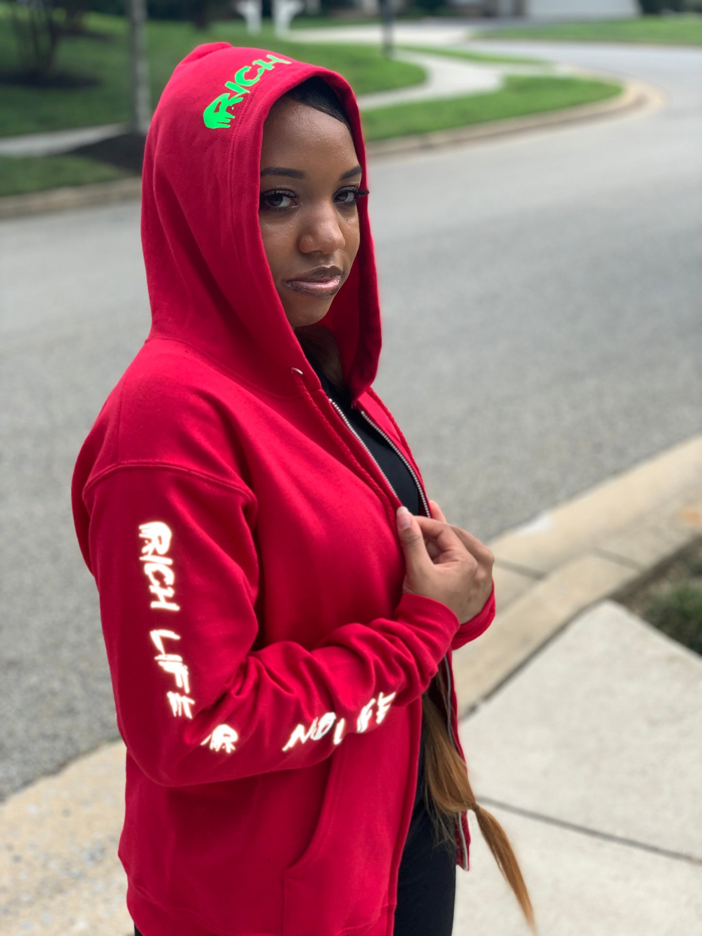 Red "Rich Life" Zip-Up Hoodie