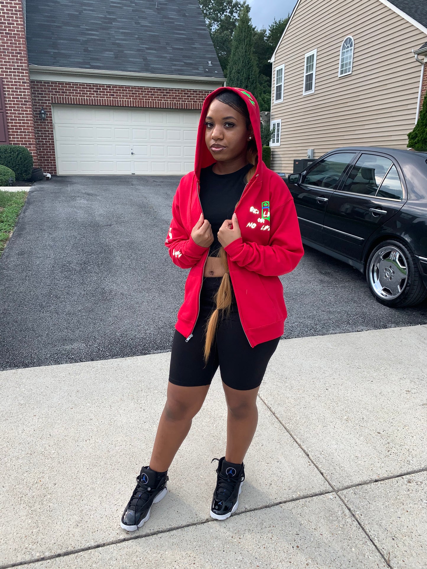 Red "Rich Life" Zip-Up Hoodie